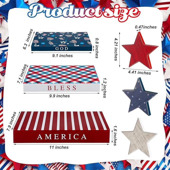 Thyle 4th of July Fake Decorative Books Wooden Star Table Signs Faux Stars Patriotic Decor Farmhouse Decoration Books for Independence Day 250th Anniversary Party Office Home Shelf Table Decor
