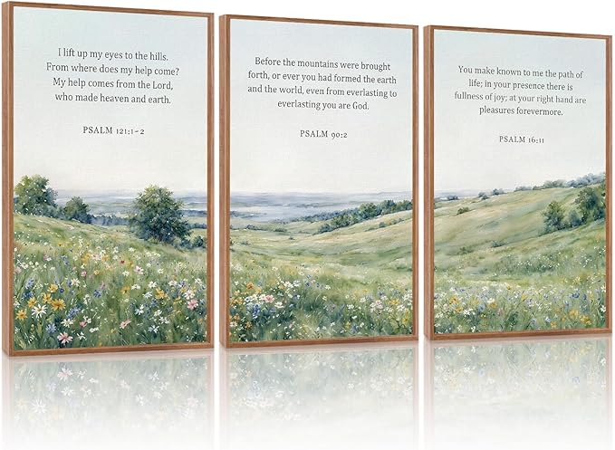 KAlRNE Natural Christian Framed Canvas Wall Art Set of 3(24”X36”),Religious Bible Verse Wall Decor,Vintage Inspirational Scripture Painting,Botanical Green Art Prints For Living Room Bedroom Church