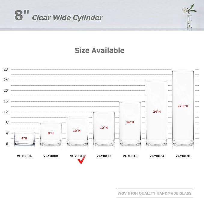 WGV Cylinder Vase, Width 8", Height 10", Clear Wide Large Diameter Flower Glassware, Floral Container, Planter Terrarium for Wedding Party Event, Home Accent Decor, 1 Piece