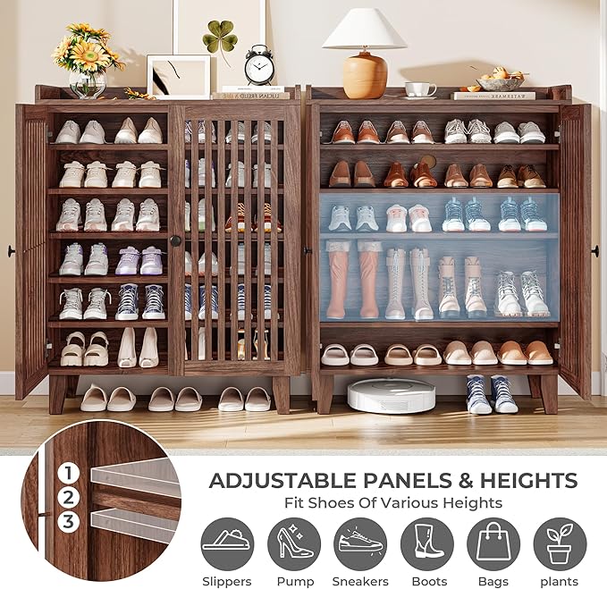 IRONCK Shoe Cabinet with Slatted Doors, 6-Tier Shoe Storage Cabinet with Adjustable Shelves, Wooden Shoe Rack Organizer for Entryway, Hallway, Closet, Living Room, Walnut