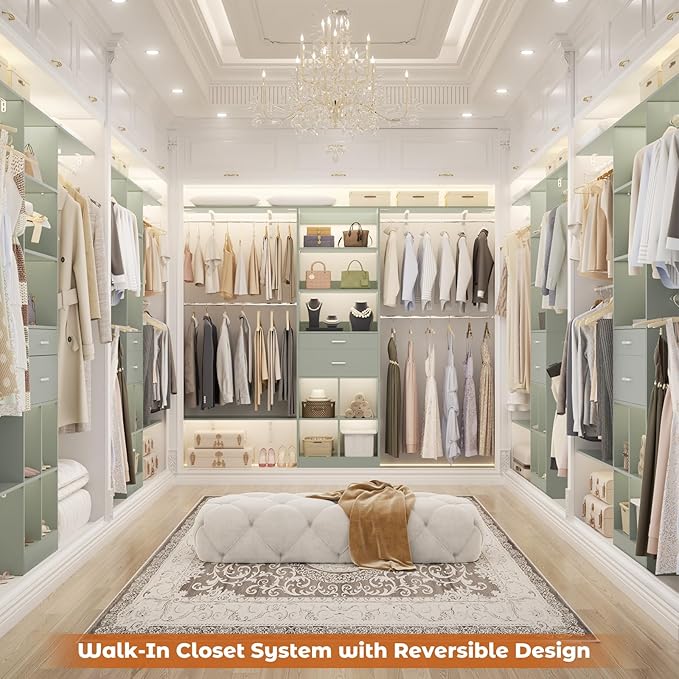 Closet System - 8FT Closet Organizer System with Wooden Drawers, 96" Closet Systems for Walk-In Closets with Cuttable Hanging Shelving, Green