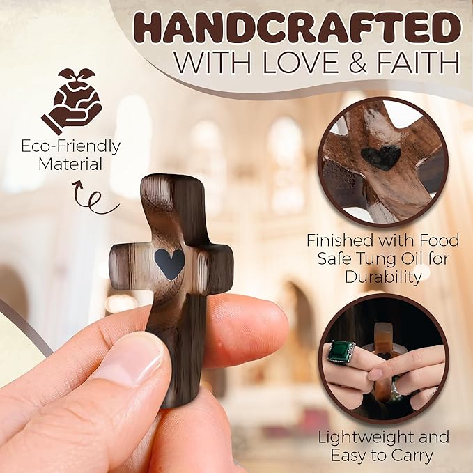 Cross My Heart,Wooden Cross Fidget,Encouragement Gift Stress Relief,Prayer Cross for Hand,Pocket Cross Christian Gifts for Women and Adults(Black 3Pcs