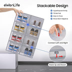 eWonLife Large Shoe Organizer Storage Box with Magnetic Door,12 Pack Clear Plastic Stackable Sneaker Containers for Closet, Connect Left and Right Shoe Box for Entryway, Drop Front, Under Bed (Grey)