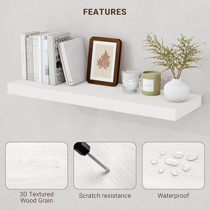Acovy 36 Inch Floating Shelves, 36"x9.25"x1.5" Inch Deep Floating Shelves for Wall, Wooden Shelves for Bathroom, Bedroom, Living Room, Cream White Oak, 2 Pieces