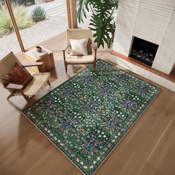 Floral Dark Green Area Rugs 5x7, Soft Washable Non-Slip Low Pile Boho Rugs for Living Room & Bedroom, Stain Resistant Forest Farmhouse Large Carpet for Dining Room & Office