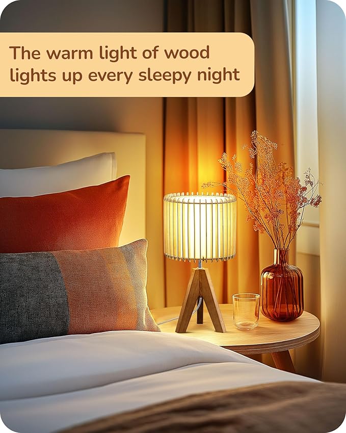 EDISHINE 14.17" Small Table Lamp, Wood Tripod Bedside Lamp, Natural Wood-Colored Hollow & White PVC Shade, E26 Base, Boho Nightstand Lamp for Bedroom, Living Room, Office, Study