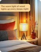 EDISHINE 14.17" Small Table Lamp, Wood Tripod Bedside Lamp, Natural Wood-Colored Hollow & White PVC Shade, E26 Base, Boho Nightstand Lamp for Bedroom, Living Room, Office, Study