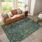 Washable Dark Green 6x9 Oriental Style Area Rug for Dining Room Under Table & Living Room, Low Pile Non-Slip Stain Resistant Carpet for Bedroom