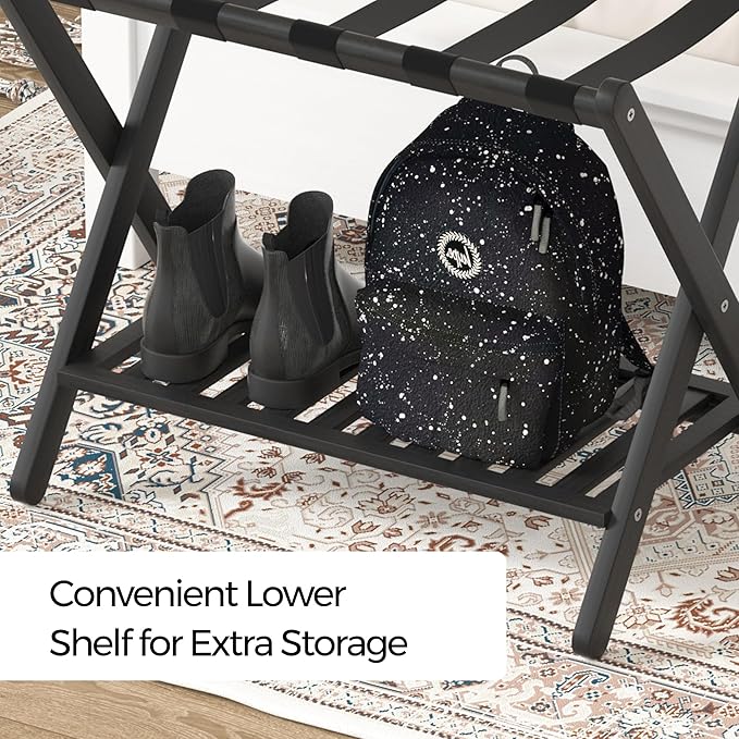 Luggage Racks Suitcase Stand Foldable With Storage Shelf For Guest Room Hotel Essentials Solid Bamboo Heavy-Duty Item Holder Black