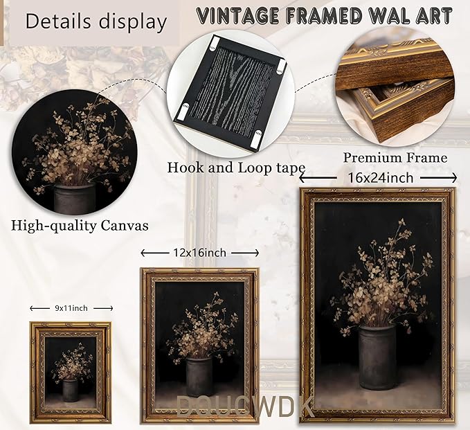 Vintage Gold Framed Wall Art Fall Dried Flowers Antique Vase Country Oil Painting Canvas Prints Dark Moody Rustic Still Life Picture Gothic Victorian Botanical Poster Artwork for Bedroom, 12x16in