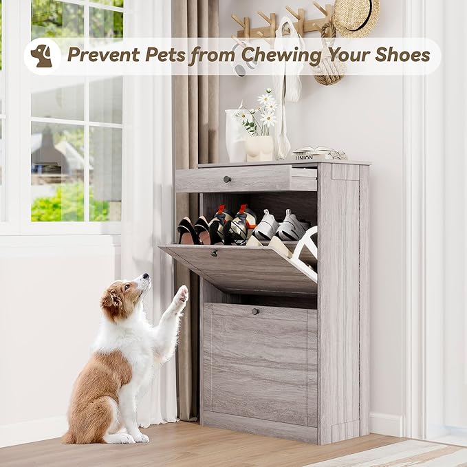 Shoe Storage Cabinet with 2 Flip Drawers, Narrow Freestanding Hidden Shoe Rack Cabinet, Pet-Proof Shoe Organizer for Closet, Entryway, Hallway, Wash Grey