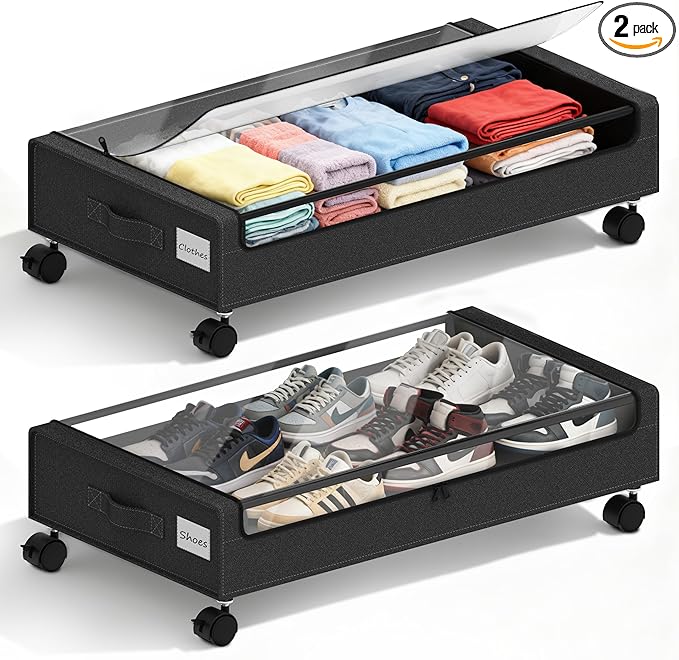 Under Bed Storage with Wheels - 2Pack 60L Underbed Storage Containers with Clear Lid & Label, Rolling Under Bed Storage Bins for Clothes, Shoes, Blankets (XL,Black)