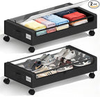 Under Bed Storage with Wheels - 2Pack 60L Underbed Storage Containers with Clear Lid & Label, Rolling Under Bed Storage Bins for Clothes, Shoes, Blankets (XL,Black)