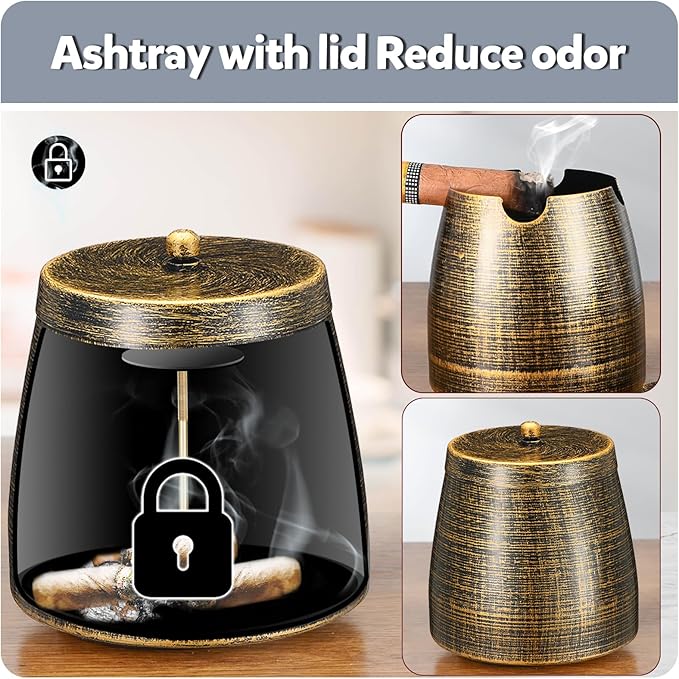Cigar Ashtray with Lid for Outdoors Outside Patio Home Retro Decor,Large Holder Ashtray,Cigar Accessories Gifts for Men Dad Husband Boyfriend (Large)