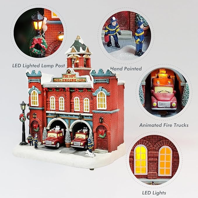 MOMENTS IN TIME Vintage Fire Department Christmas Village 12.2” LED Lights, Music & Moving Fire Trucks, Polyresin Lighted Holiday Building, Adapter Operated Holiday Decoration