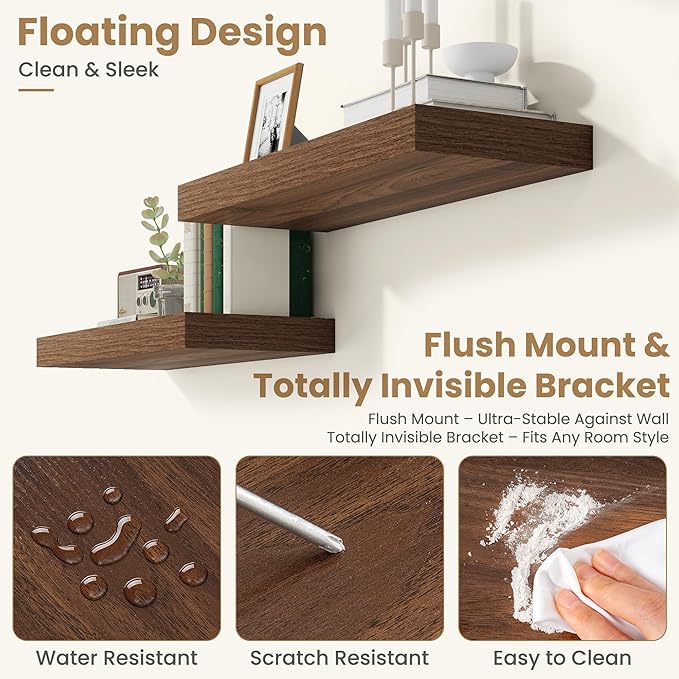 FLYJOE 48 Inch Long Floating Shelves for Wall Set of 1, 12" D Wood Grain Bathroom Shelves with Invisible Brackets, Easy Install Engineered Wood Storage Shelves for Kitchen, Living Room, Bedroom