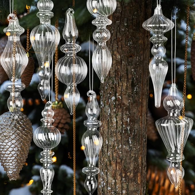 Mifoci 8 Pcs 6 Inch Mercury Glass Finial Christmas Ornaments Hanging Christmas Finials Glass Ornaments Assorted Mercury Decor for Vintage Holiday Xmas Tree Decoration(Clear)
