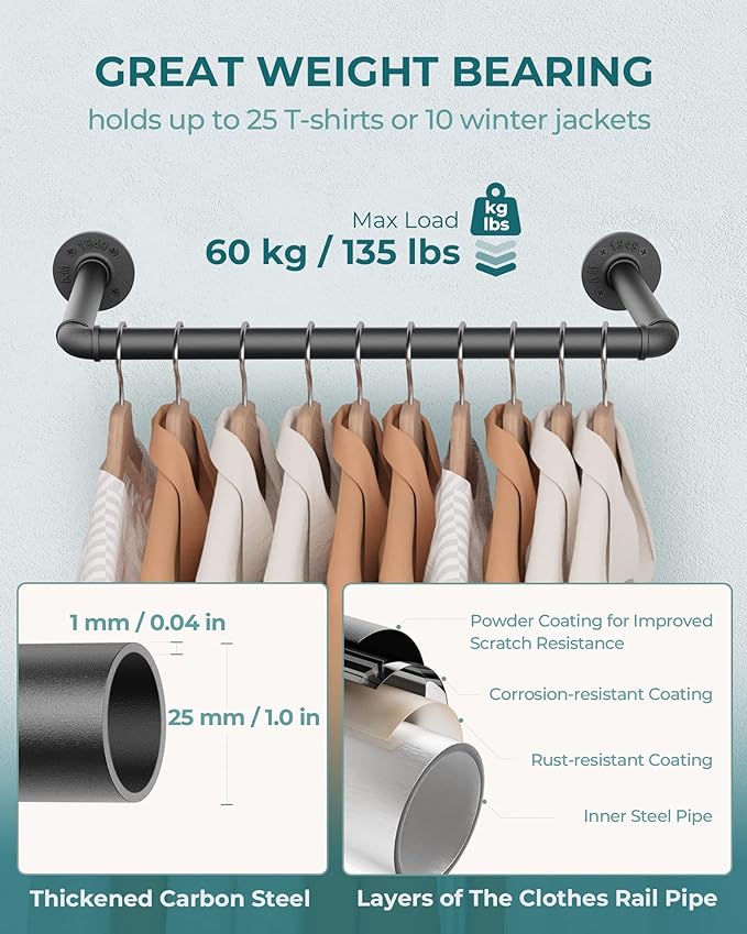 OROPY Industrial Pipe Clothes Rack 21.2” Set of 2, Heavy Duty Wall Mounted Black Iron Garment Bar, Multi-Purpose Clothing Hanging Rod for Laundry Room and Closet Storage