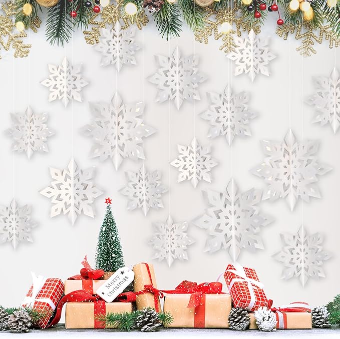 12Pcs White Snowflake Ornaments for Christmas Tree - 3D Paper Hanging Snowflakes Garland, Large Christmas Snowflake Decorations with 3 Size for Xmas Winter Wonderland Indoor Home New Year Party Decor