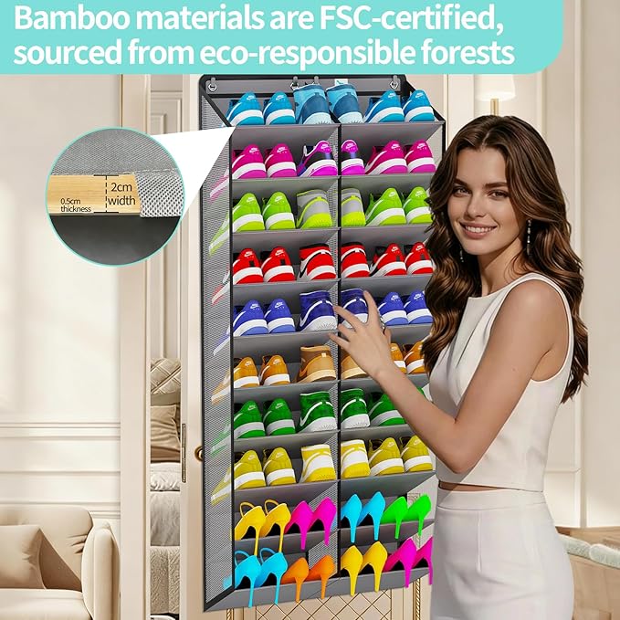 Heavy-Duty, over the door shoe organizer, Extra-Wide Large, shoe organizer, Holds 30 Pairs & Supports 100lbs, shoe rack, with Reinforced Grommets & Bamboo Rods, Fits Men's Size 12 & Boots, Grey