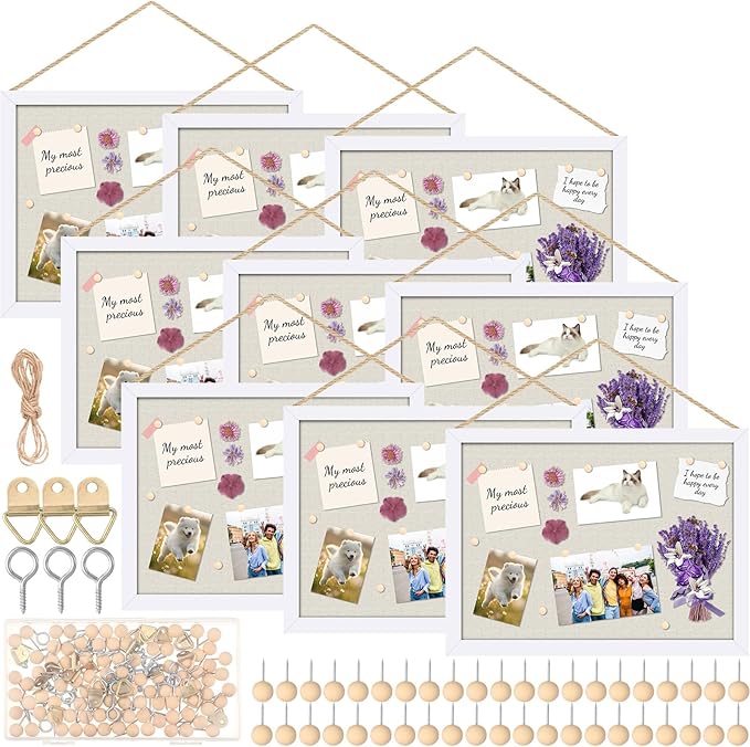 Teling 9 Pack Wood Bulletin Boards with Linen 12''x 16'' Cork Board for Walls with 90 Pushpin Decorative Wood Framed Display for School Office Home Decor (White)