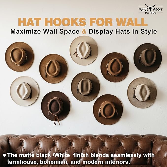 Adhesive Hat Hooks for Wall, 8 Pack, 2.9" Cowboy Hat Rack Prevents Deformation, Hat Hangers with Key Hook for Baseball Caps & Fedora, Drill or Stick, Western Decor Organizer, White