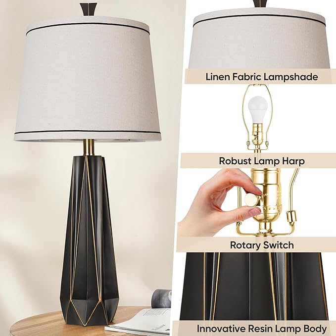 WIHTU Modern Table Lamp Set of 2, 3 Color Temperature Table Lamps for Living Room, 27'' Beside Lamp with Linen Shade,Black with Gold Rim Resin Desk Lamp for Nightstands Bedroom Decor(2 Bulbs Included)