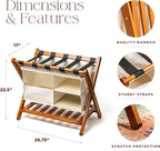 Fully Assembled Walnut Bamboo Folding Luggage Rack for Guest Room, 26.75" Folding Suitcase Stand with Removable Laundry Bag & Storage Shelf, Heavy Duty Foldable Luggage Stand for Bedrooms, Hotels, Airbnbs Holds 215lb