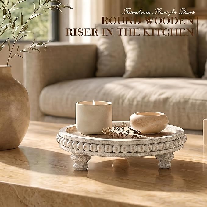 EOSAHR Pine Wooden Riser with Beaded for Home Decor - Decorative Tray for Coffee Table - Farmhouse Dispaly Riser for Perfume Organizer, Boho Chic Living Room Home Decor (Dark Natural)