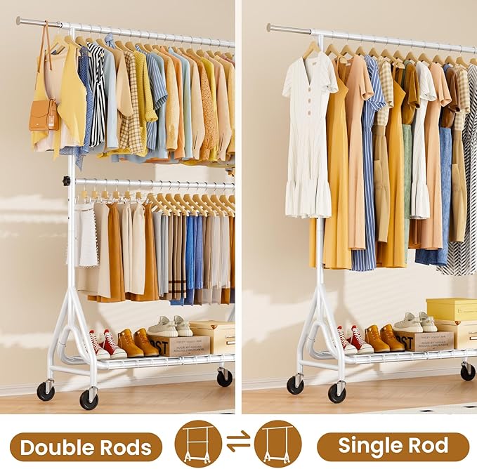 Heavy Duty Clothes Rack for Hanging Clothes, Double Rods Clothing Rack with Lockable Wheels, Rolling Garment Racks with Shelf, Easy to Assemble, White