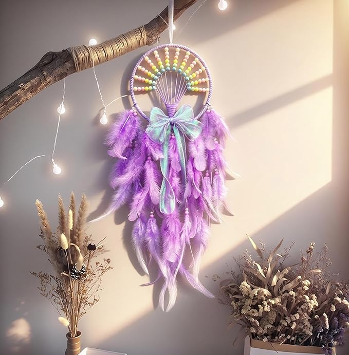 Dream Catchers for Kids Rainbow Wall Decor,Purple Dream Catcher,Pretty Jolly Feather Dream Catchers Baby Dreamcatcher for Girls Bedroom Dorm Room Wall Hanging Birthday Festival Craft Gift