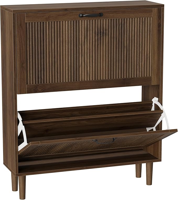 Smuxee Walnut Shoe Cabinet with 2 Flip Drawers, 31.5" Hidden Shoe Storage Cabinet with Small Fluted Doors, Freestanding Shoe Organizer Cabinet for Entryway, Hallway, Living Room