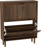 Smuxee Walnut Shoe Cabinet with 2 Flip Drawers, 31.5" Hidden Shoe Storage Cabinet with Small Fluted Doors, Freestanding Shoe Organizer Cabinet for Entryway, Hallway, Living Room