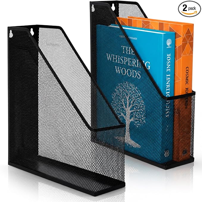 Sliner 2 Pack Metal Magazine Holder Black Mesh Steel Document Rack 1 Section File Organizer Extra Wide Magazine Folder Storage Desk Tidy for Office Home, 12.6”x 9.8”x 3”