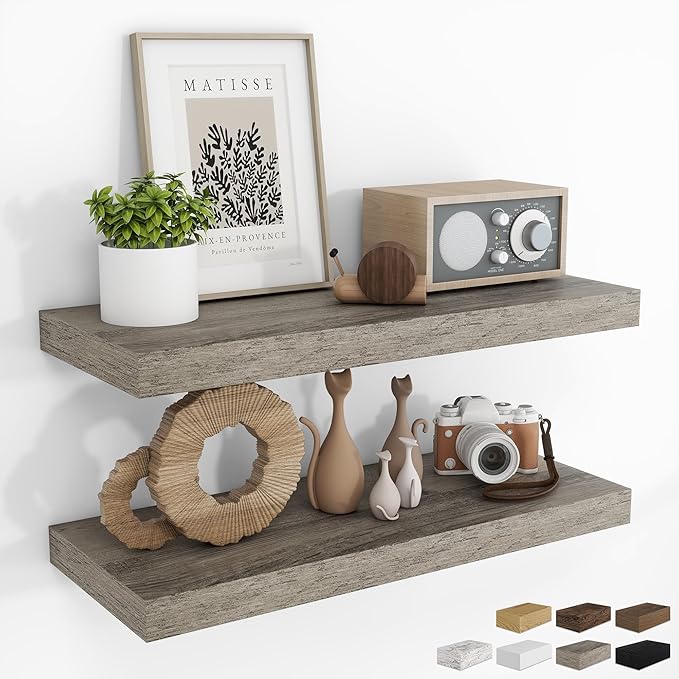 RICHFOCUS 28Inch Floating Shelves for Wall 2 Pack Shelves for Bedroom|Kitchen|Bathroom|Laundry Room Rustic Wood Wall Mounted Shelf with Invisible Brackets for Books|Storage|Decor, Grey