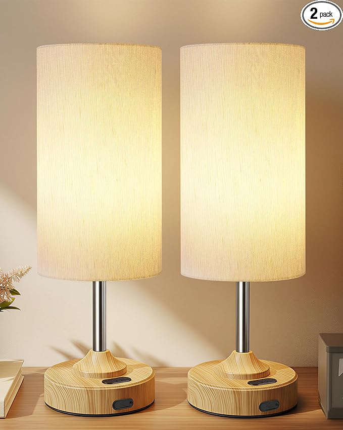 Rechargeable Table Lamp, 2-Pack, Ambient Light, Dimmable, 2700K, Timer, Touch Control, Portable, LED, Wireless, Cordless e, Battery Operated, Desk Lamp, Kitchen Lamp, Fabric Shade, Wood-Grain Finish