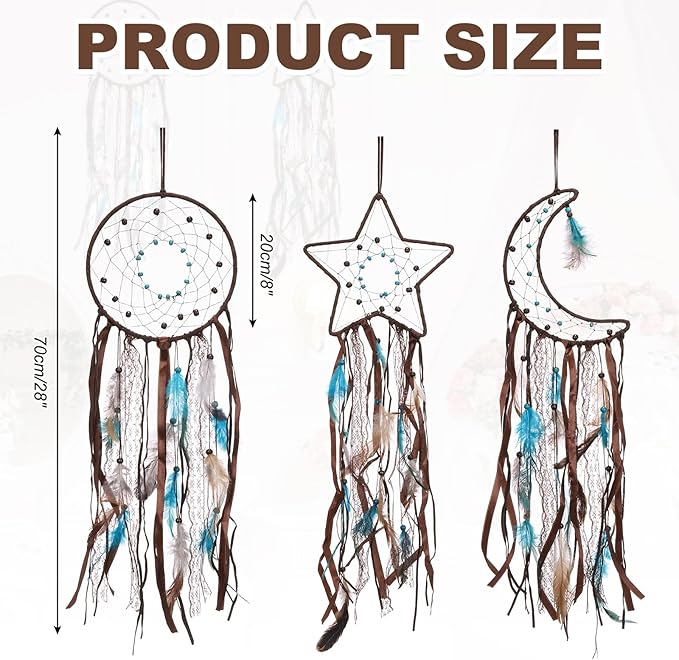 PATIKIL 28" Moon Sun Star Dream Catchers Set, Feather Handmade Dream Catchers Wall Hangings Art Decor for Home Wedding Bedroom Living Room Ornament,Blue Brown