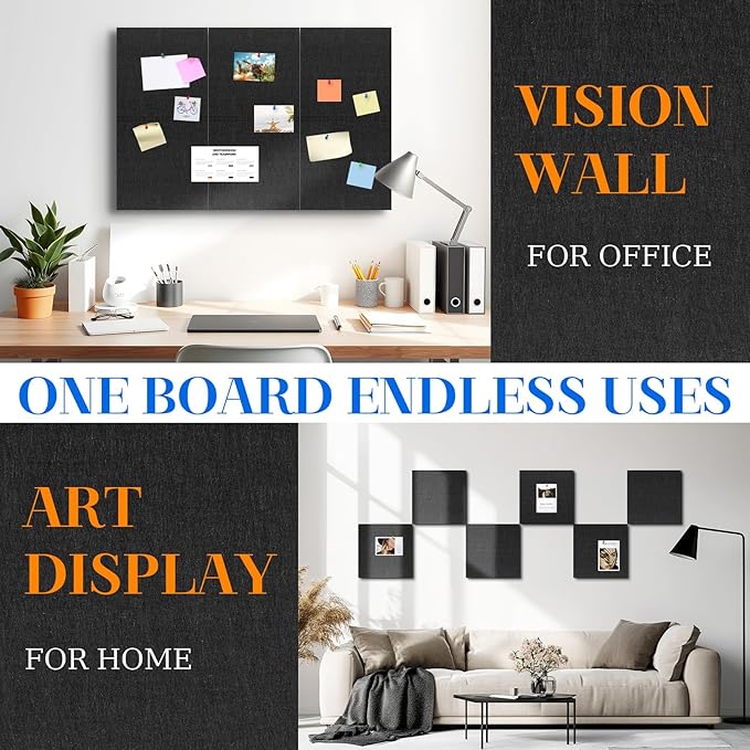 DOLLAR BOSS Felt Cork Board Tiles, 6 Packs 12" x 12" 1/2" Thick Cork Bulletin Board Self Adhesive Acoustic Panels Soundproof Corkboards for Walls with 60 Pushpins for Home Office Kitchen School, Black