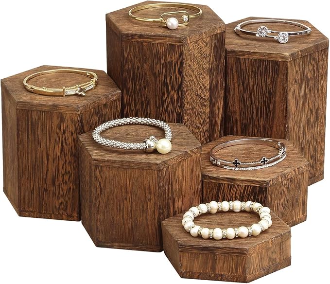 MOOCA Wooden 6 Pcs Hexagon Risers for Display Jewelry and Accessories Display Stand, Brown