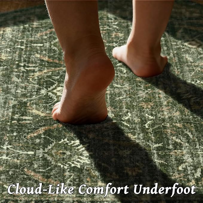 Washable 3x5 Entryway Rug, Boho Non-Slip Vintage Distress Small Rugs for Kitchen Nursery Office Bedroom, 0.3" Neutral Oriental Throw Thin Carpet with Cushioning Pad, Grass Green/Multi