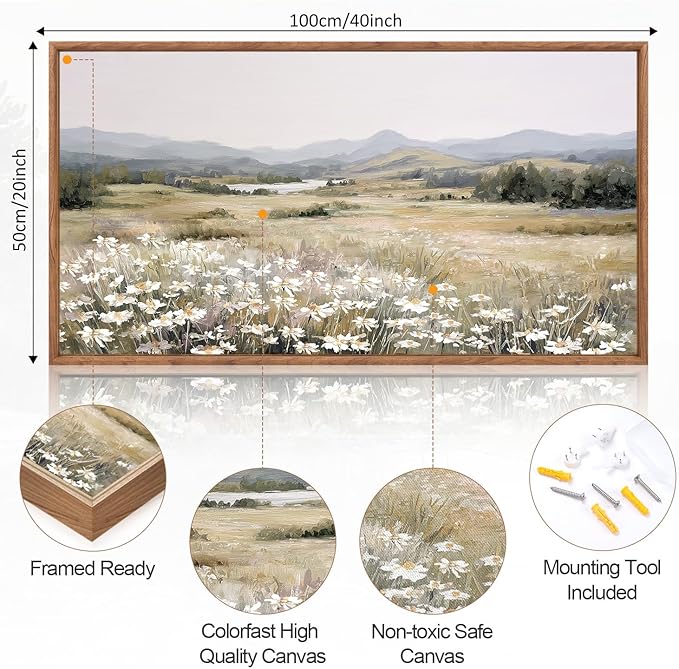 KAIRNE Landscape Canvas Wall Art,Boho Floral Prints Set of 1(20”X40”),Flower Garden Paintings,Wildflower Field Scene Wall Decor,Botanical Art for Living Room Bedroom Kitchen Farmhouse Decor,Framed