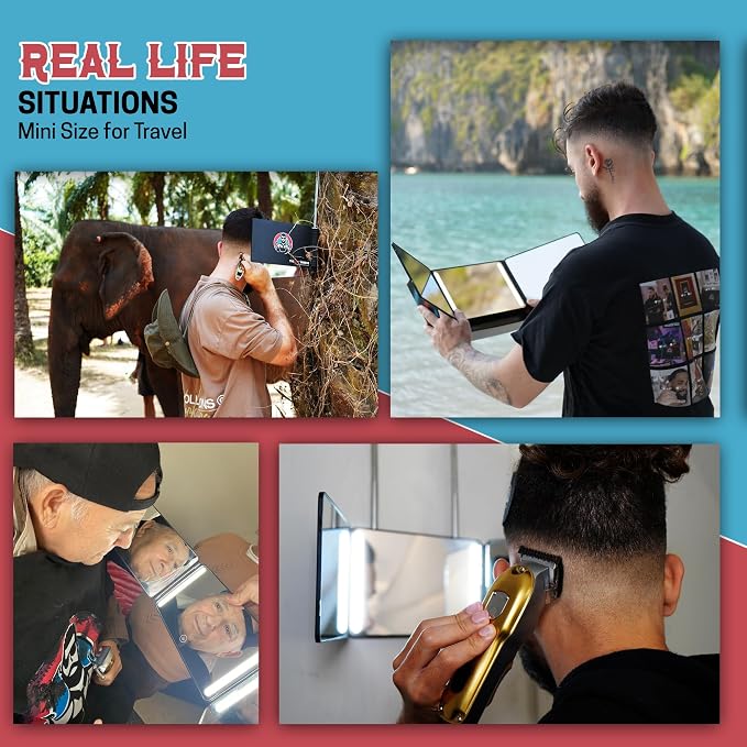The 360 Mirror - 3 Way Mirror for Self Hair Cutting - Adjutable Trifold Barber Mirro to Cut Your Own Hair - Tri Fold Self Haircut System - Three Sided Mirro for Haircuts (Black - Mini LED version)