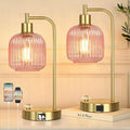 QiMH Industrial Table Lamp for Bedroom Set of 2, Pink Glass Beside Lamp with USB A&C Ports, Stepless Dimmable Gold Lamps, Nightstand Lamps for Living Room, Office, Home Decor(Bulb Included)