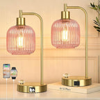 QiMH Industrial Table Lamp for Bedroom Set of 2, Pink Glass Beside Lamp with USB A&C Ports, Stepless Dimmable Gold Lamps, Nightstand Lamps for Living Room, Office, Home Decor(Bulb Included)