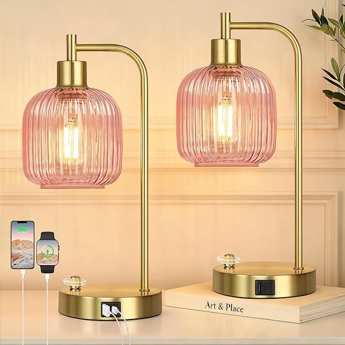 QiMH Industrial Table Lamp for Bedroom Set of 2, Pink Glass Beside Lamp with USB A&C Ports, Stepless Dimmable Gold Lamps, Nightstand Lamps for Living Room, Office, Home Decor(Bulb Included)