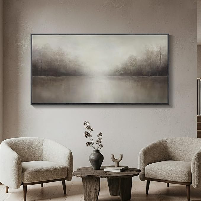 Framed Abstract Landscape Wall Art for Living Room, Extra Large Brown Misty Lake Trees Canvas Artwork for Walls, Horizontal Minimalist Wabi Sabi Painting Print for Bedroom Office Wall Decor, 30x60 In