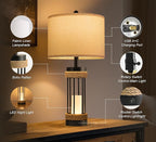 OYEARS 25" Table Lamps Set of 2 with Night Light, Rustic Bedside Lamps with USB C+A Charging Ports, Black Metal Lamp with Rope Accent and Frosted Glass, Farmhouse Lamps for Living Room Bedroom