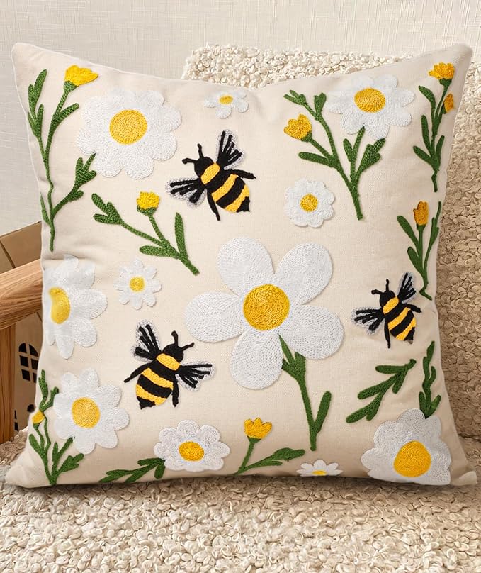Embroidered Throw Pillow Cover 18x18 Inch - Spring Summer Boho Decorative Pillow Cover with Zipper for Living Room Couch Sofa Bed Aesthetic Design Flower Bee Cushion Pillowcase