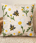 Embroidered Throw Pillow Cover 18x18 Inch - Spring Summer Boho Decorative Pillow Cover with Zipper for Living Room Couch Sofa Bed Aesthetic Design Flower Bee Cushion Pillowcase