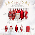 JORNOY Finial Christmas Ornaments for Tree Decorations, 150mm/6 in Shatterproof Plastic Hanging Large Tear Drop Baubles Bulk for Holiday Home Party Decor with String, 8 Pack, Red White